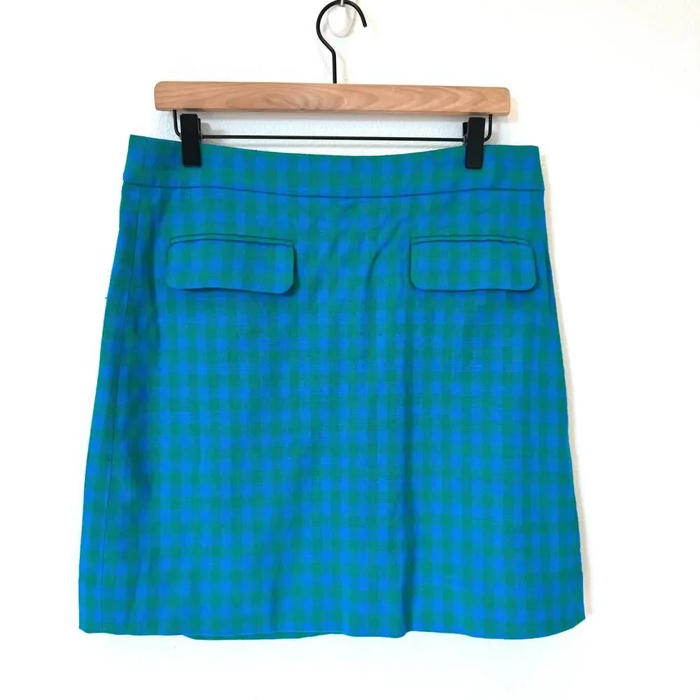 J.CREW Parke Colorful Gingham Plaid Deep Blues Preppy A-Line Mini Skirt NEW- 8
